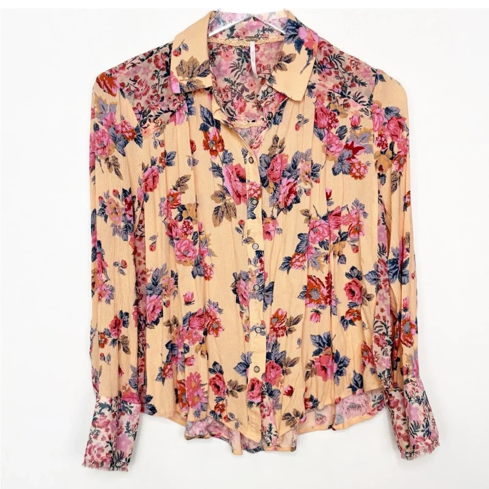 Free People Boho Floral Pink Peach Blouse Sz Large - Picture 2 of 8
